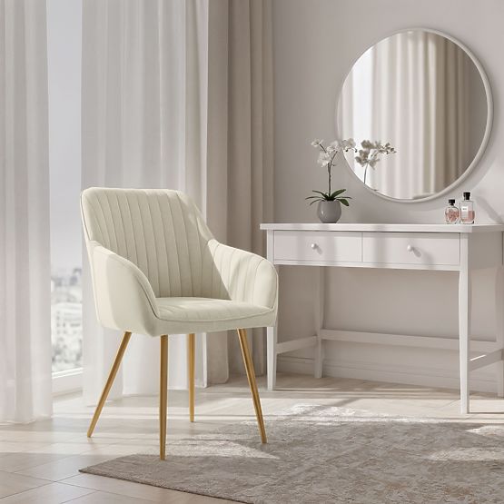 4x Samtgepolsterter Stuhl mit Steppung Creme FLORENCE Goldene Beine