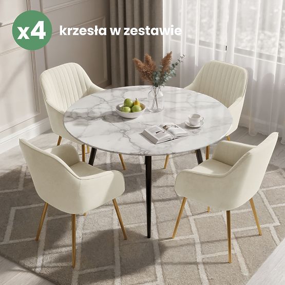 4x Samtgepolsterter Stuhl mit Steppung Creme FLORENCE Goldene Beine