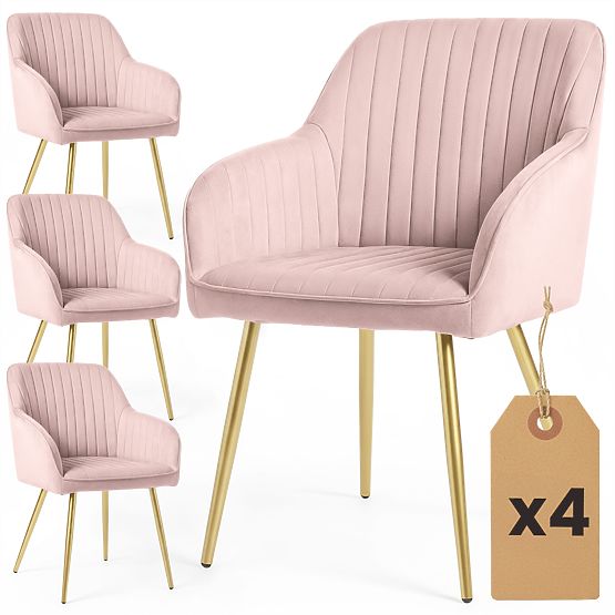 4x Samtgepolsterter Stuhl mit Steppung Puderrosa FLORENCE Goldene Beine