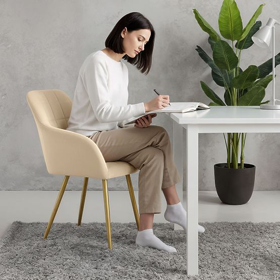 6x Gepolsterter Stuhl mit quadratischer Steppung Beige LUXANO Goldene Beine