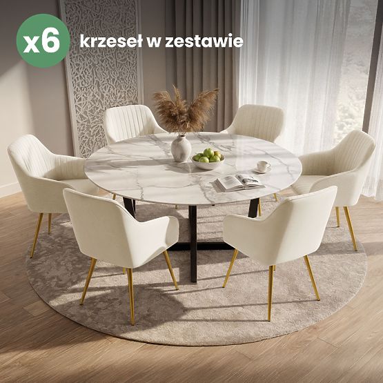 6x Samtgepolsterter Stuhl mit Steppung Creme FLORENCE Goldene Beine