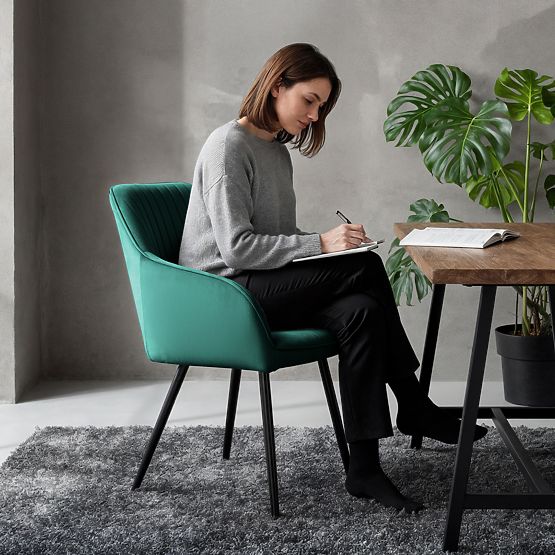 6x Samtgepolsterter Stuhl mit Steppung Flaschengrün FLORENCE Schwarze Beine