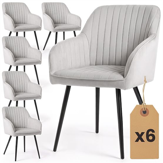 6x Samtgepolsterter Stuhl mit Steppung Grau FLORENCE Schwarze Beine