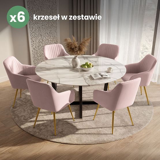 6x Samtgepolsterter Stuhl mit Steppung Puderrosa FLORENCE Goldene Beine