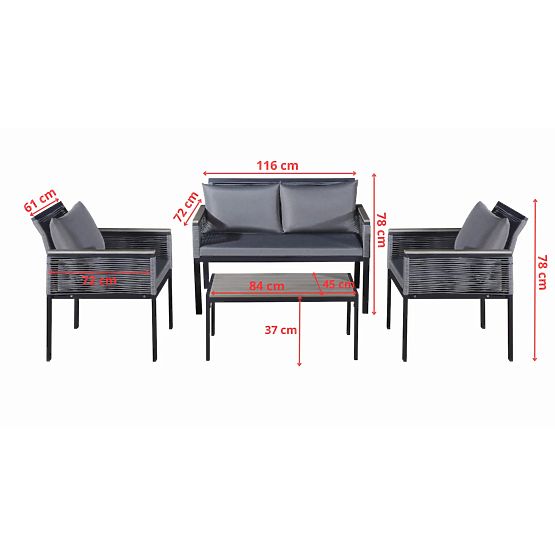 Aluminium-Gartenmöbel-Set (2 x Sessel, Sofa + Tisch) CORTO runder grauer Technorattan
