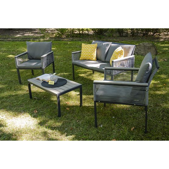 Aluminium-Gartenmöbel-Set (2 x Sessel, Sofa + Tisch) CORTO runder grauer Technorattan