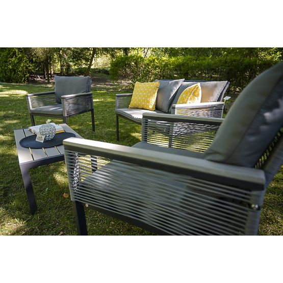Aluminium-Gartenmöbel-Set (2 x Sessel, Sofa + Tisch) CORTO runder grauer Technorattan