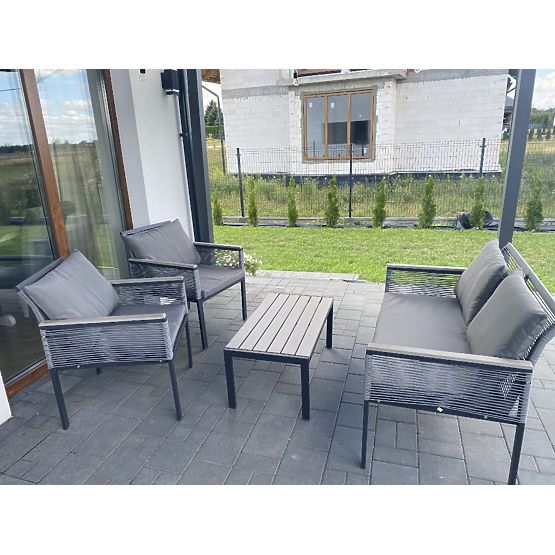 Aluminium-Gartenmöbel-Set (2 x Sessel, Sofa + Tisch) CORTO runder grauer Technorattan