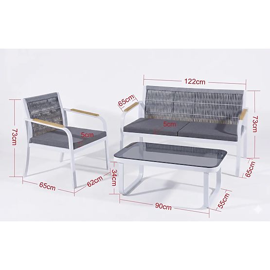 Aluminium-Gartenmöbelset (2 x Sessel, Sofa + Tisch) RARO weiß, grau