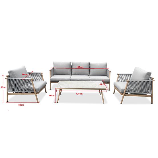 Aluminium-Terrassenmöbelset (Großes Sofa, 2 x Sessel und Tisch) BLANDO hellgrau, Aluminium