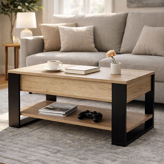 Ausziehbarer Couchtisch mit aufklappbarer Platte 90 cm Stauraum Regal Eiche Sonoma ModernHome