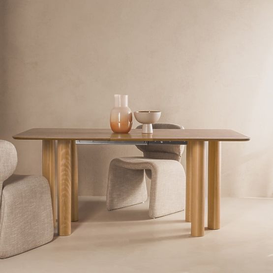 Ausziehbarer Tisch Loa 140-200 cm, Eichenfurnier, natur, Buchenholz, abgerundet