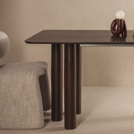Ausziehbarer Tisch Loa 140-200 cm, Eichenfurnier, Nussbaum, Buchenholz, abgerundet