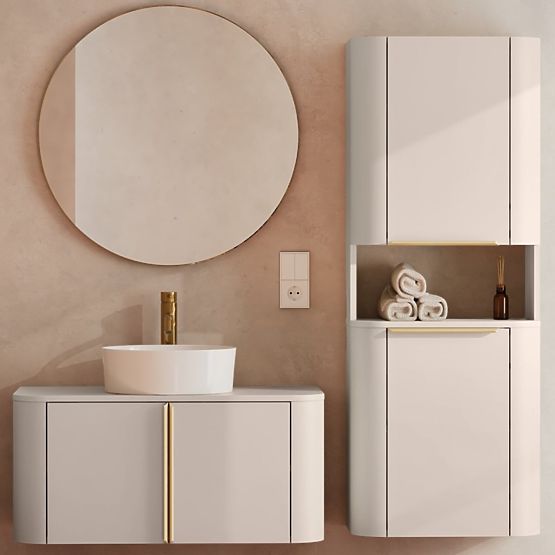 Badezimmerschrank, Bassa-Säule in Kaschmir, goldene Griffe, abgerundet