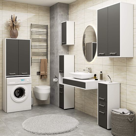 BADEZIMMERSCHRANK FIN 180 SÄULE WASCHMASCHINE VOLL 2D - WEISS / GRAU