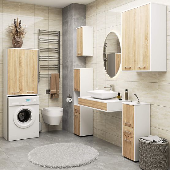 BADEZIMMERSCHRANK FIN 180 SÄULE WASCHMASCHINE VOLLE 2D - WEISS / SONOMA EICHE