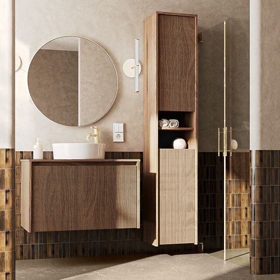 Badezimmerschrank, hoher Schrank Pezzo Walnuss, geriffelt