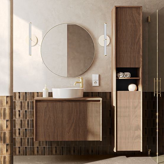 Badezimmerschrank, hoher Schrank Pezzo Walnuss, geriffelt