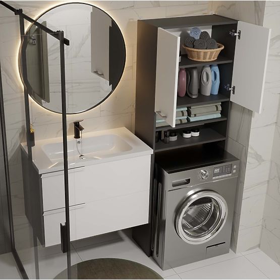 Badezimmerschrank über der Waschmaschine POLA DK ANTHRAZIT WEISS Regal Säule 180X64X30