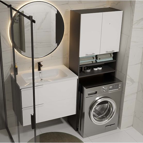 Badezimmerschrank über der Waschmaschine POLA DK ANTHRAZIT WEISS Regal Säule 180X64X30