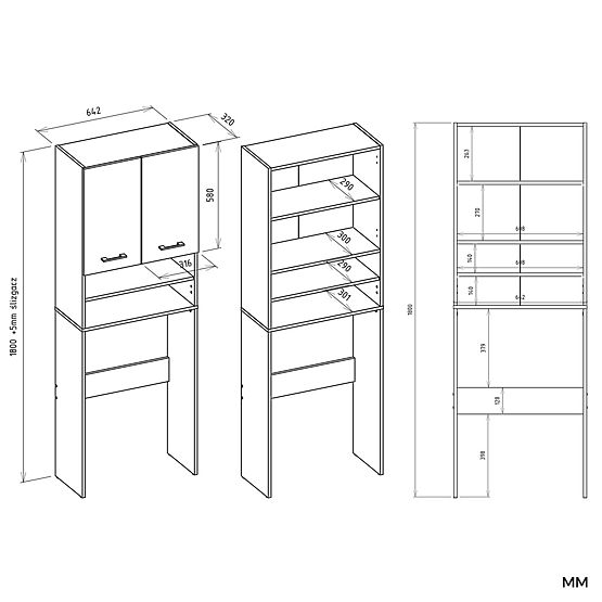 Badezimmerschrank über der Waschmaschine POLA DK ANTHRAZIT WEISS Regal Säule 180X64X30
