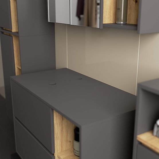 BADEZIMMERSCHRANK UNTER DEM WASCHBECKEN MIT LÖCHERN VAMI W90 UM 2SZ 2P GRAPHITGRAU / ARTISAN EICHE