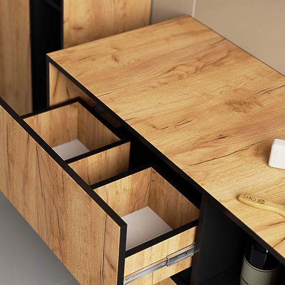 BADEZIMMERSCHRANK UNTER WASCHBECKEN VAMI W90 2SZ 2P PK EICHE CRAFT / SCHWARZ