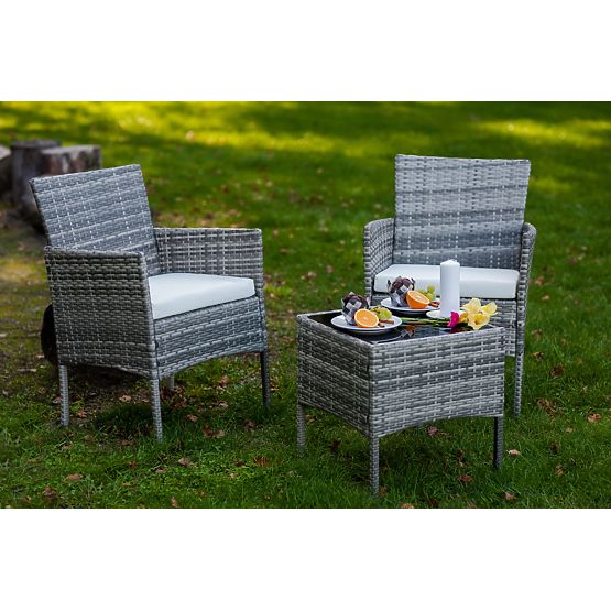 Balkonmöbel-Set (2 x Sessel + Tisch) SANO grauer Polyrattan