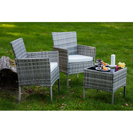 Balkonmöbel-Set (2 x Sessel + Tisch) SANO grauer Polyrattan