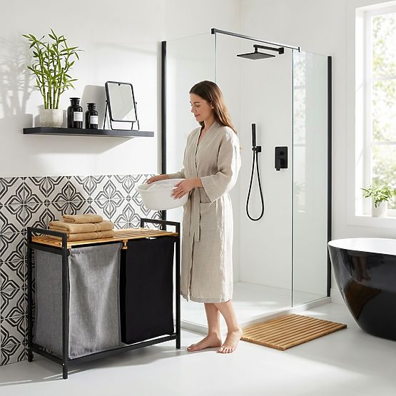 Bambus-Wäschekorb oder Spielzeugkorb HANOI BLACK 2 Fächer DUO FARBE