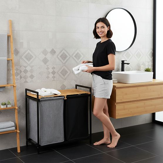 Bambus-Wäschekorb oder Spielzeugkorb HANOI BLACK 2 Fächer DUO FARBE