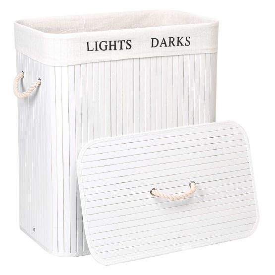 Bambuskorb mit Deckel 100L 2 Kammern weiß