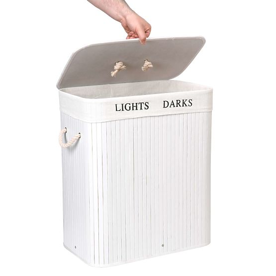 Bambuskorb mit Deckel 100L 2 Kammern weiß