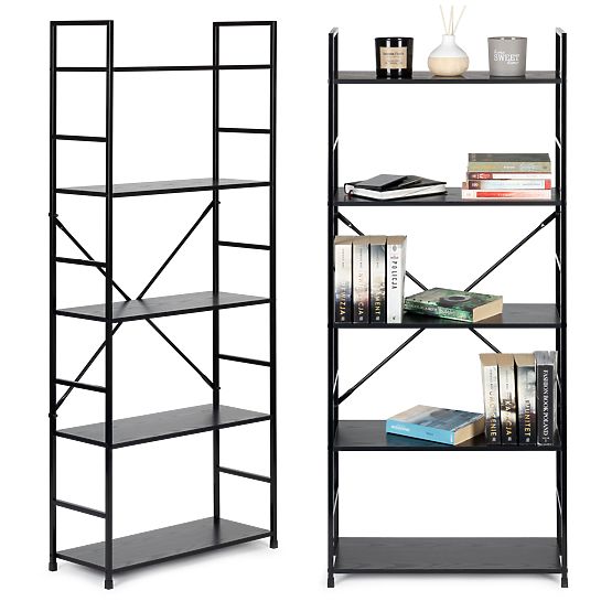 Breites Holzregal im modernen LOFT-Stil mit 5 schwarzen Regalböden