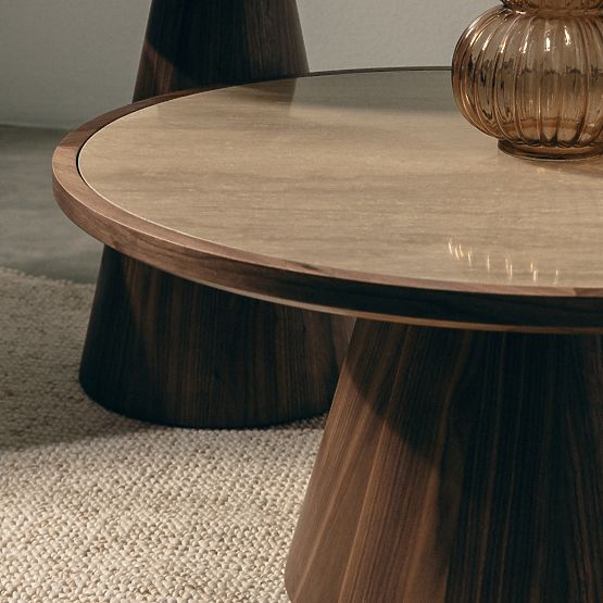 Couchtisch Kyoto 80 cm, rund, Travertin/Nussbaum