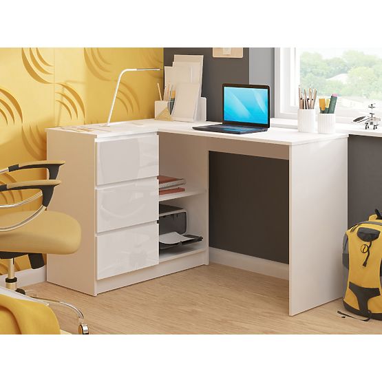 ECKSCHREIBTISCH B16 124 cm LINKS 3 SCHUBLADEN PK WEISS / WEISS HOCHGLANZ