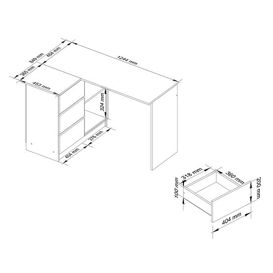 ECKSCHREIBTISCH B16 124 cm LINKS 3 SCHUBLADEN PK WEISS / WEISS HOCHGLANZ