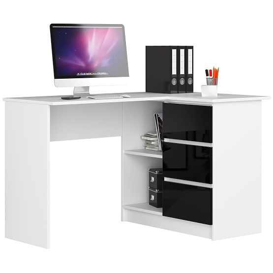 ECKSCHREIBTISCH B16 124 cm RECHTS 3 SCHUBLADEN PK WEISS / SCHWARZ GLANZ