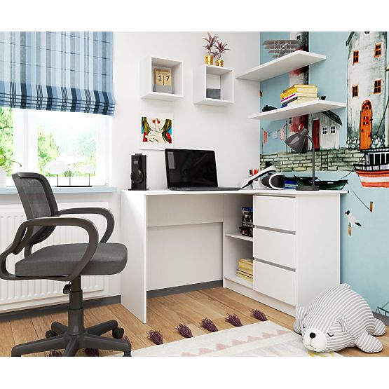 ECKTISCH B16 124 cm RECHTS 3 SCHUBLADEN PK WEISS