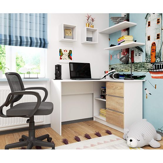 ECKTISCH B16 124 cm RECHTS 3 SCHUBLADEN PK WEISS / SONOMA