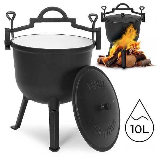 Emaillierter gusseiserner Kessel 10L stehender Jagdtopf Feuerstelle Grill MultiGarden