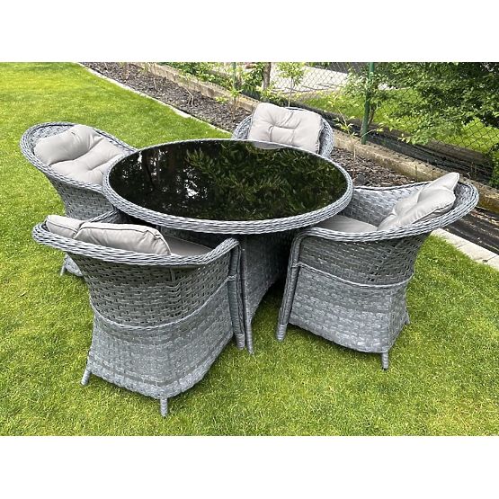 Essgruppe aus Technorattan (runder Tisch + 4 Sessel) MODERNO grau