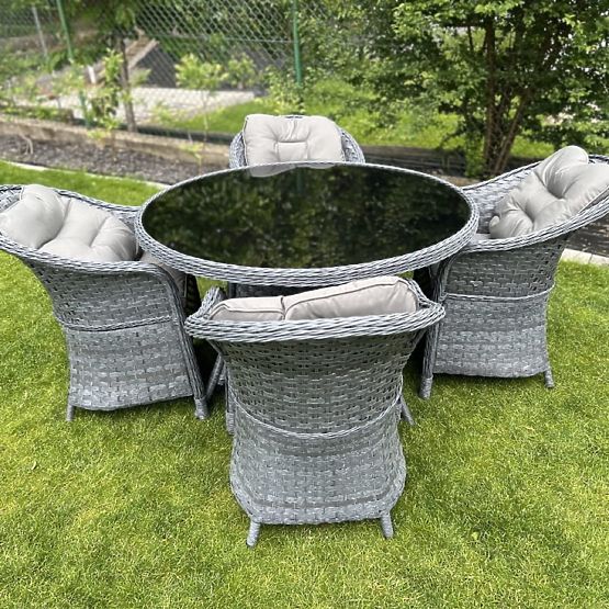 Essgruppe aus Technorattan (runder Tisch + 4 Sessel) MODERNO grau