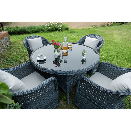 Essgruppe aus Technorattan (runder Tisch + 4 Sessel) MODERNO grau