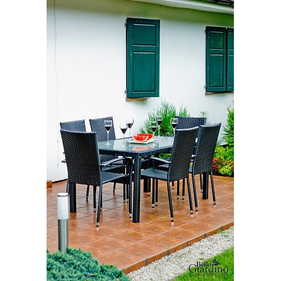 Essgruppe aus Technorattan (Tisch 150×90 cm + 6 × Stühle) AVVICENTE, schwarz