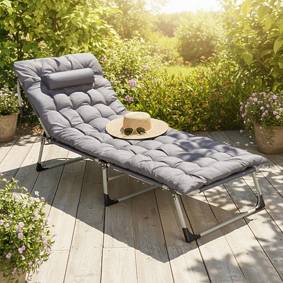 Faltbares Angel-Gartenbett mit Matratze und Kissen grau MultiGarden