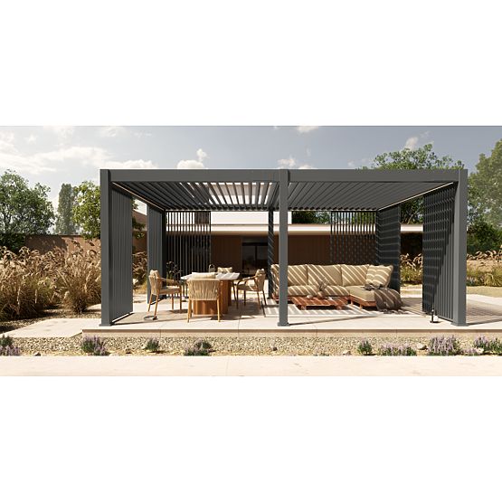 Freistehende Gartenpergola Lumera aus Aluminium, 4x6 m, bioklimatisch, LED-Beleuchtung, elektrisch