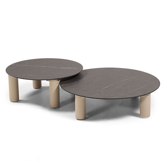 Garten Ecksofa mit 2 Tischen Santa Ana, Aluminium, Beige, Marmor Dekoration, runde Formen