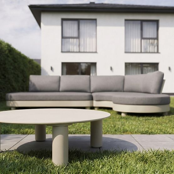 Garten Ecksofa mit 2 Tischen Santa Ana, Aluminium, Beige, Marmor Dekoration, runde Formen
