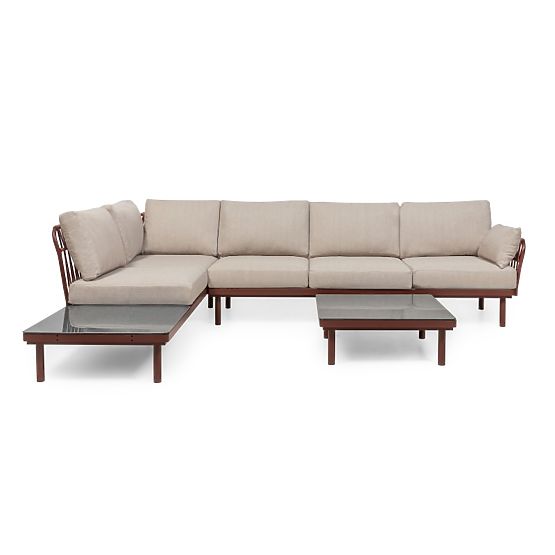 Garten-Ecksofa mit Tisch Amarello, Aluminium, Geflecht, hellbeige/bordeauxbraun